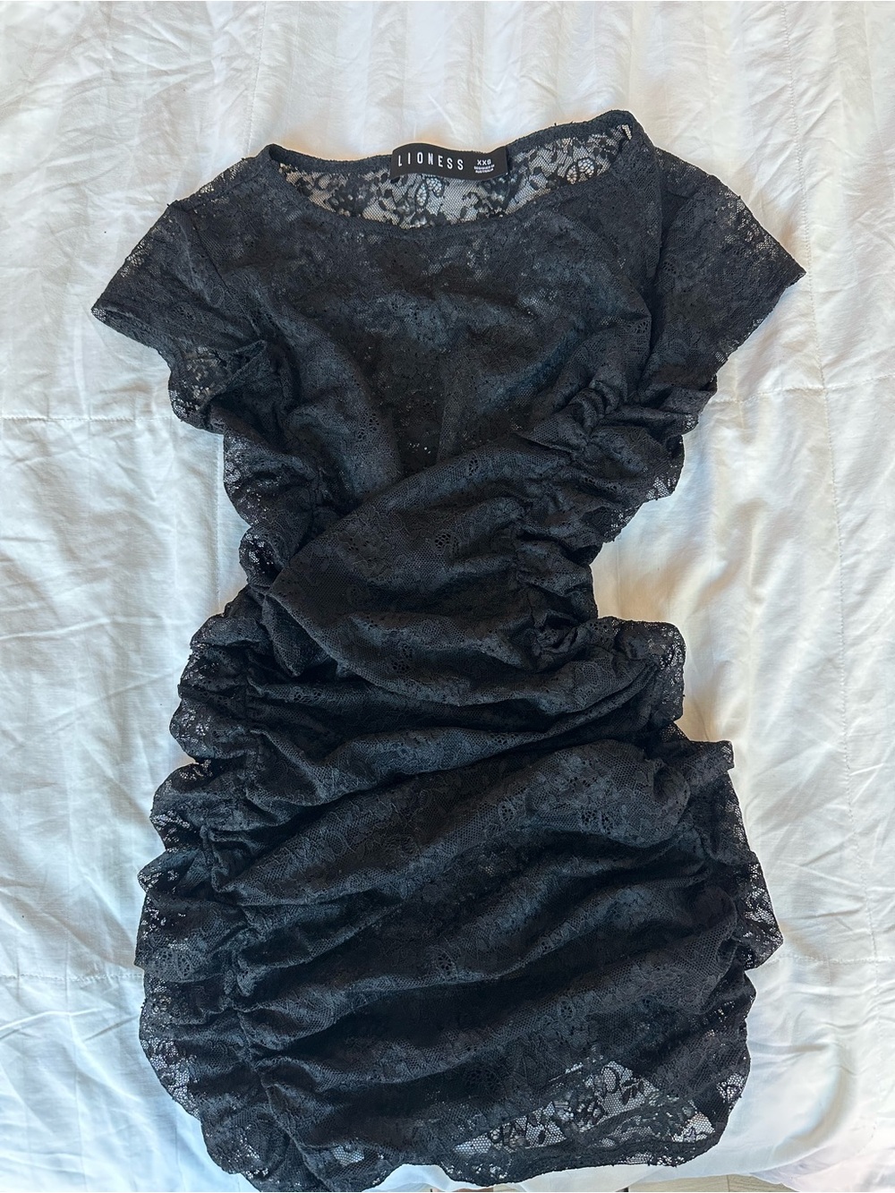 Lioness Black Lace Ruched Cap-Sleeve Mini Dress - Picture 3 of 4